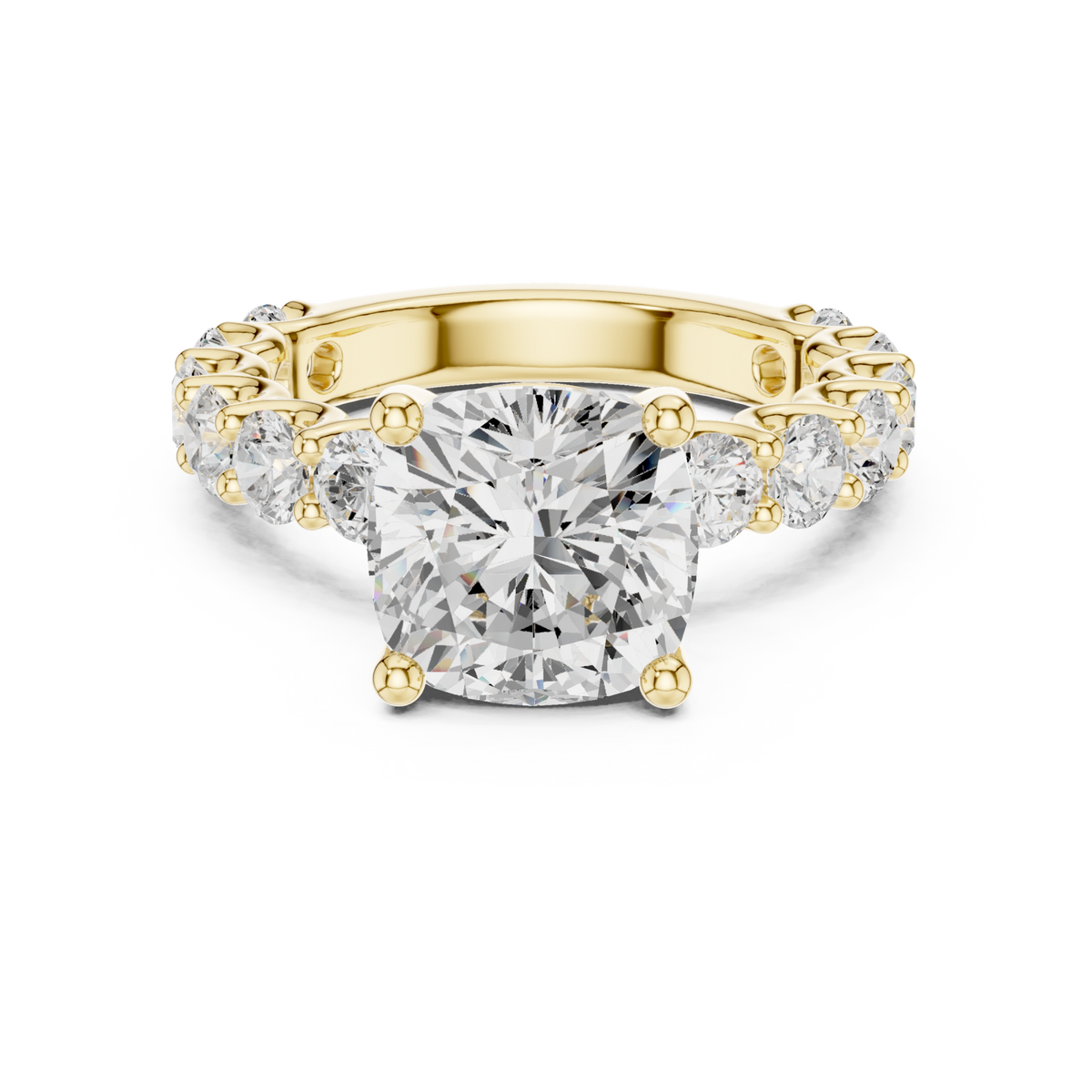 Cushion bold shared-prong accent engagement ring yellow gold detail view
