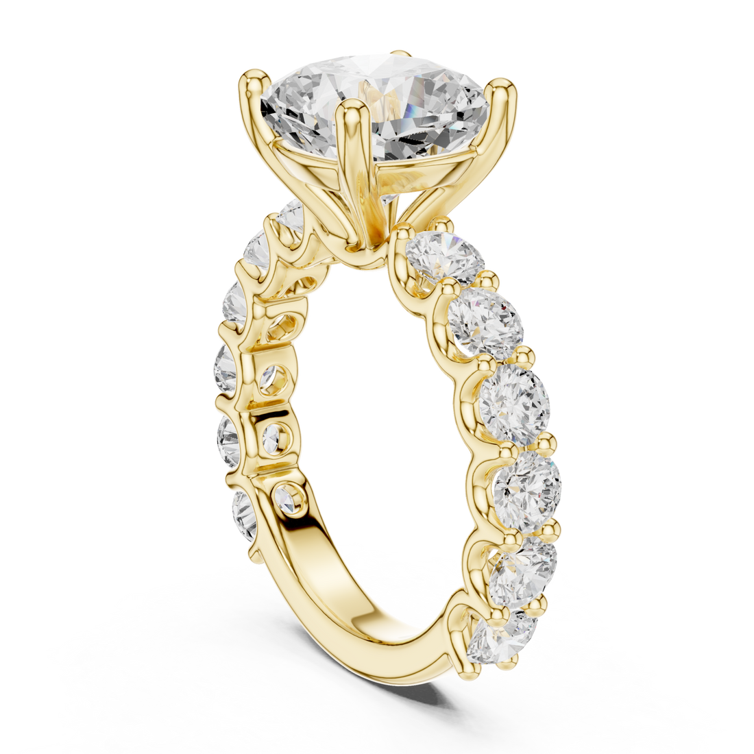 Cushion bold shared-prong accent engagement ring yellow gold front view