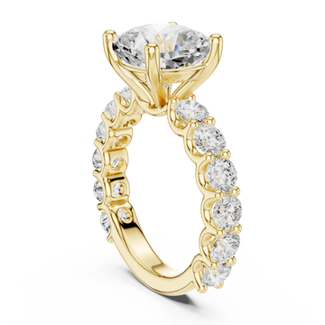 Cushion bold shared-prong accent engagement ring yellow gold front view