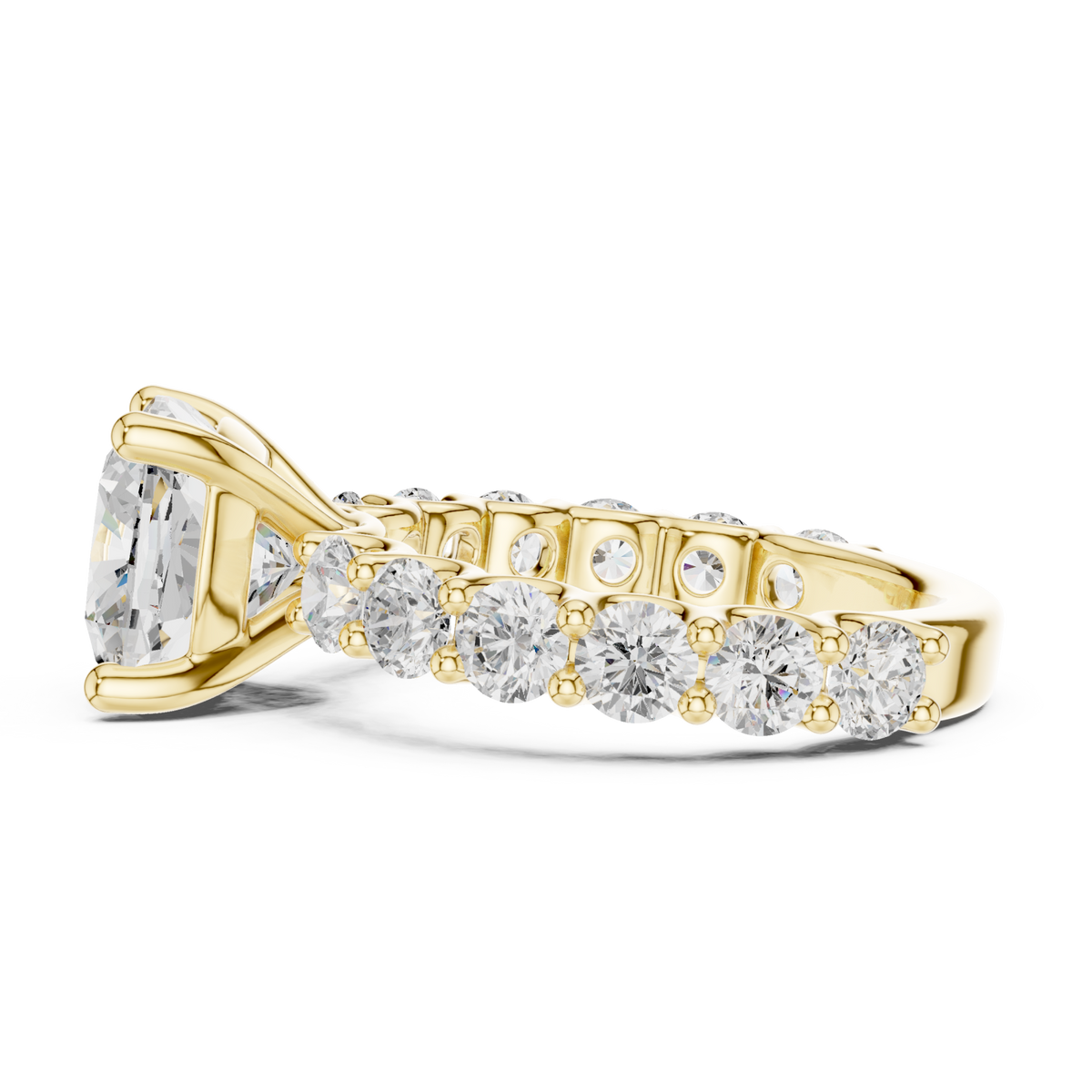 Cushion bold shared-prong accent engagement ring yellow gold side view