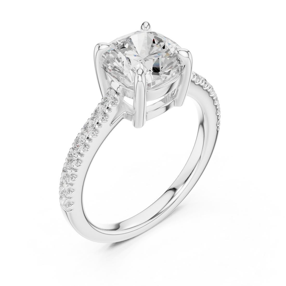 Cushion cathedral pave engagement ring white gold front view