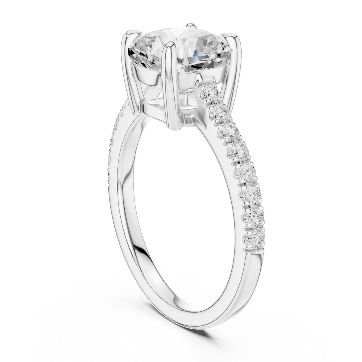 Cushion cathedral pave engagement ring white gold front view