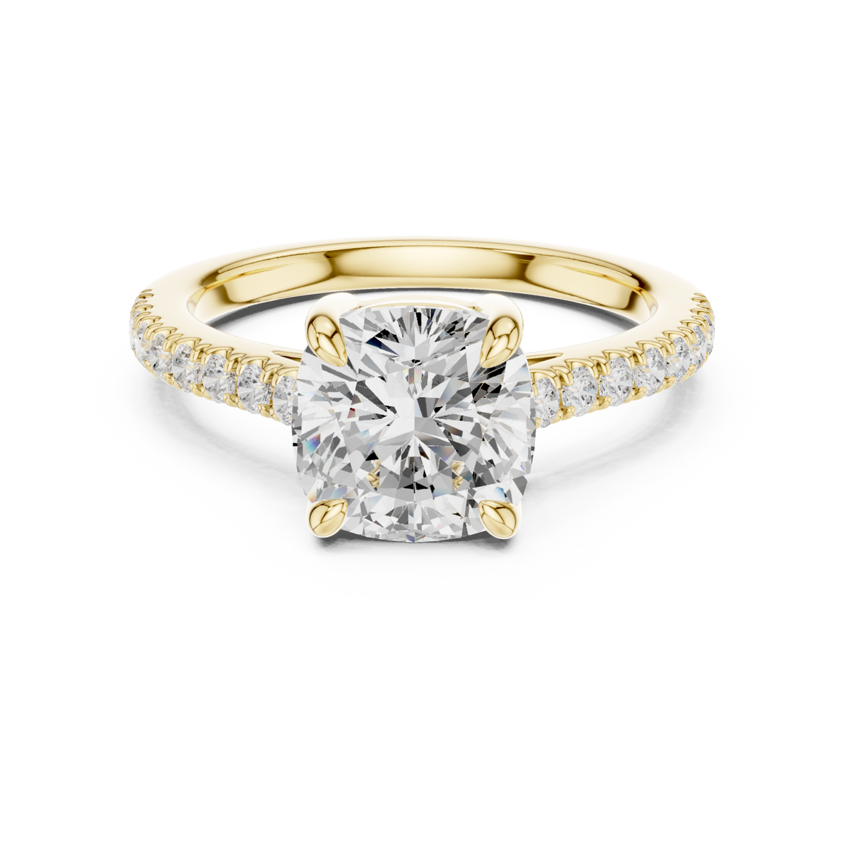 Cushion cathedral pave engagement ring yellow gold detail view