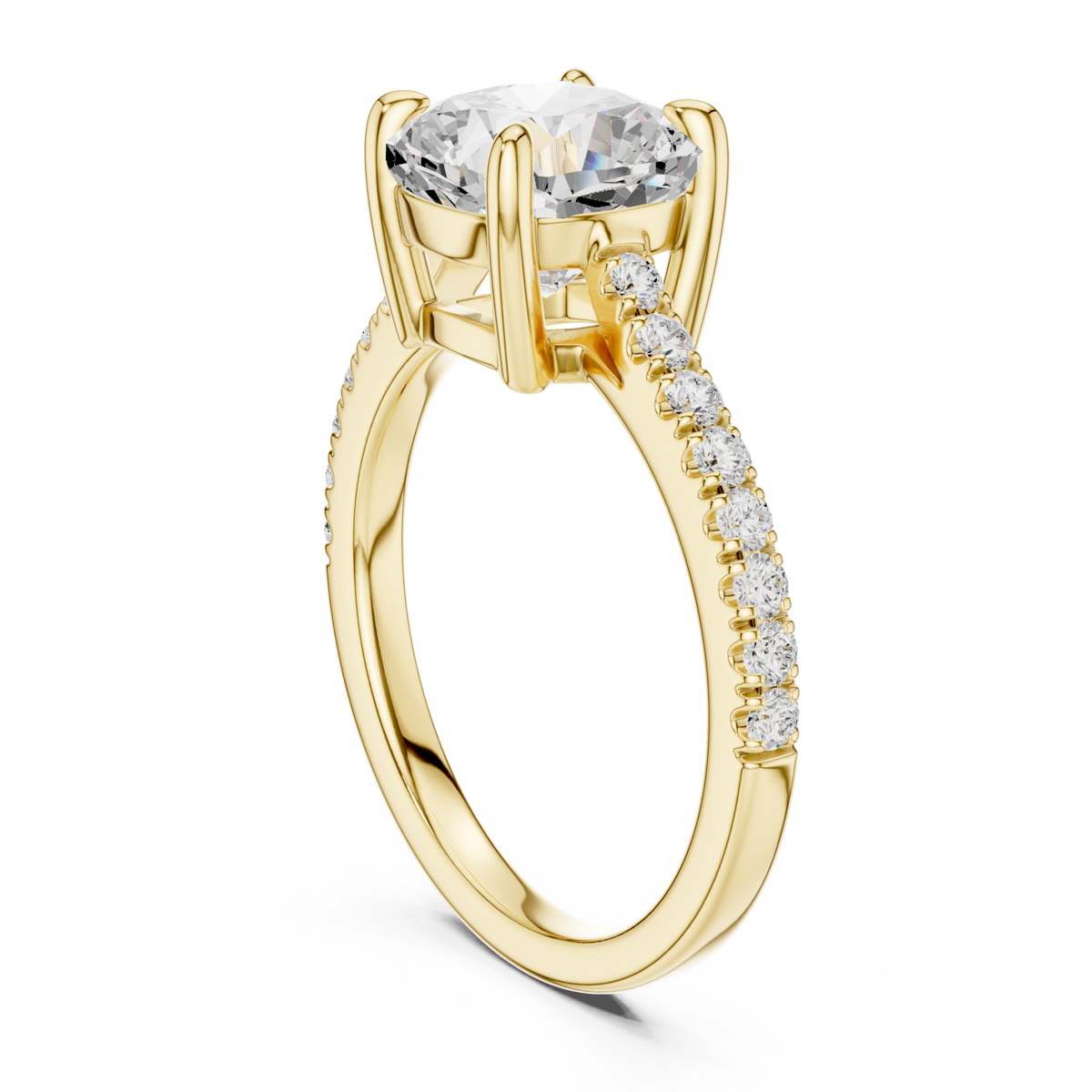Cushion cathedral pave engagement ring yellow gold front view