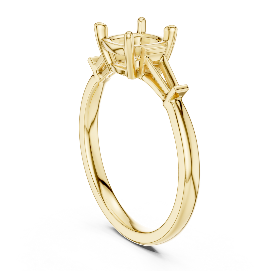 Cushion cathedral tapered baguette three stone engagement ring yellow gold front view
