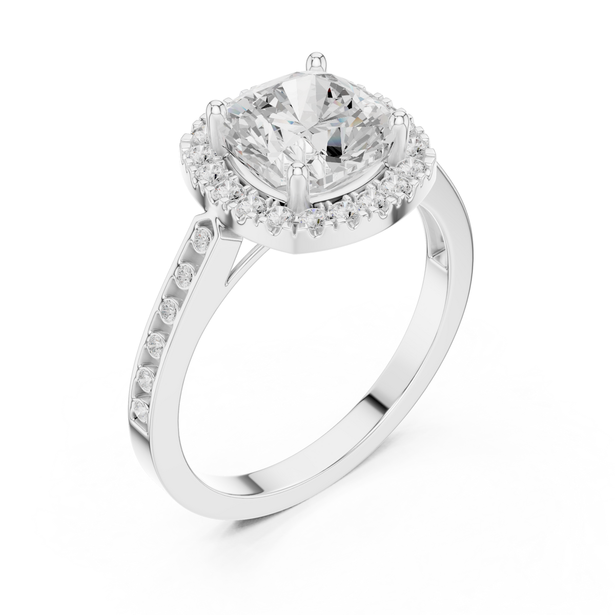 Cushion channel band halo engagement ring white gold angle view