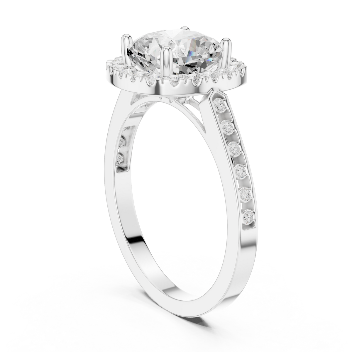 Cushion channel band halo engagement ring white gold front view