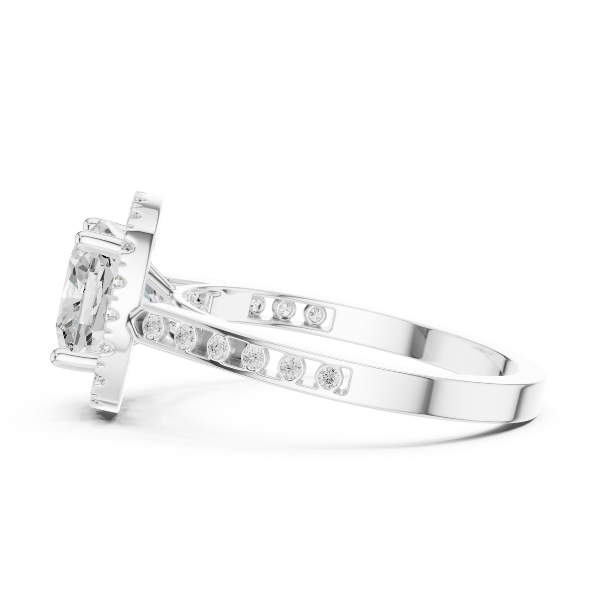 Cushion channel band halo engagement ring white gold side view