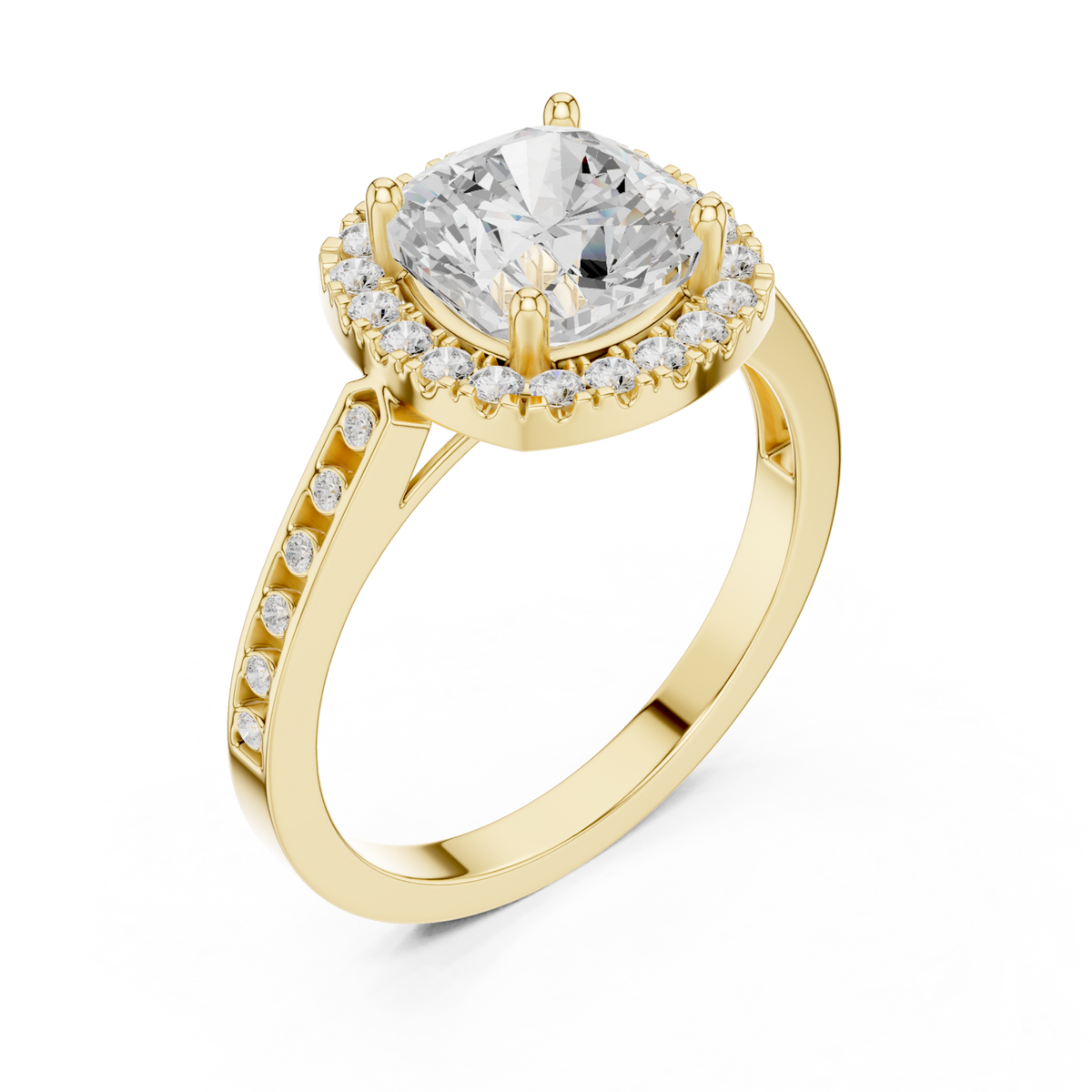 Cushion channel band halo engagement ring yellow gold angle view