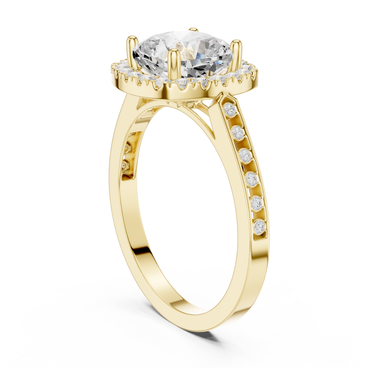 Cushion channel band halo engagement ring yellow gold front view