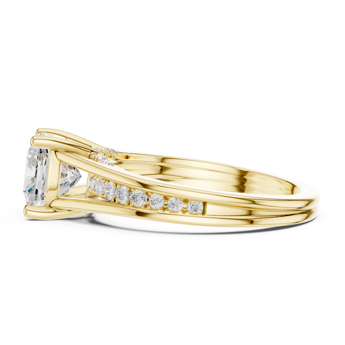 Cushion channel shoulder cathedral ring yellow gold front view