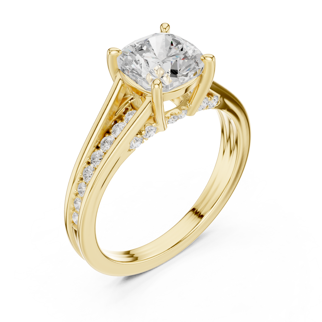 Cushion channel shoulder cathedral ring yellow gold front view