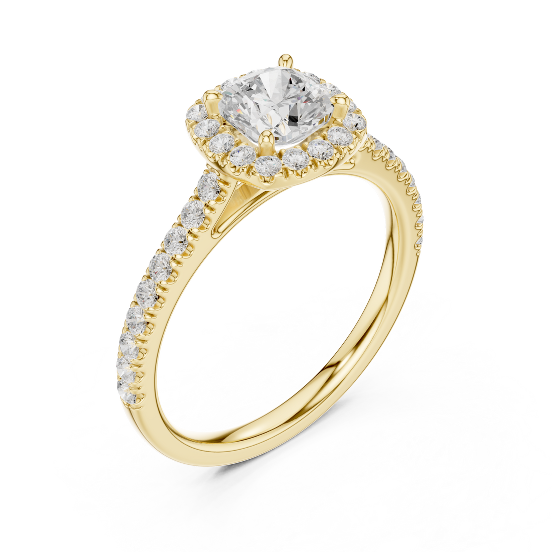 Cushion classic halo pave engagement ring yellow gold front view