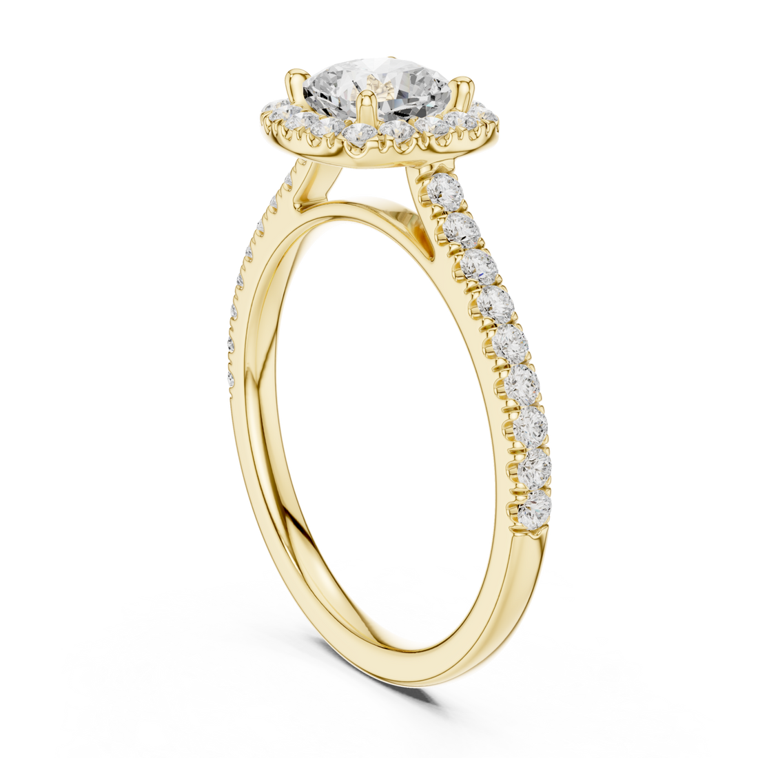 Cushion classic halo pave engagement ring yellow gold front view