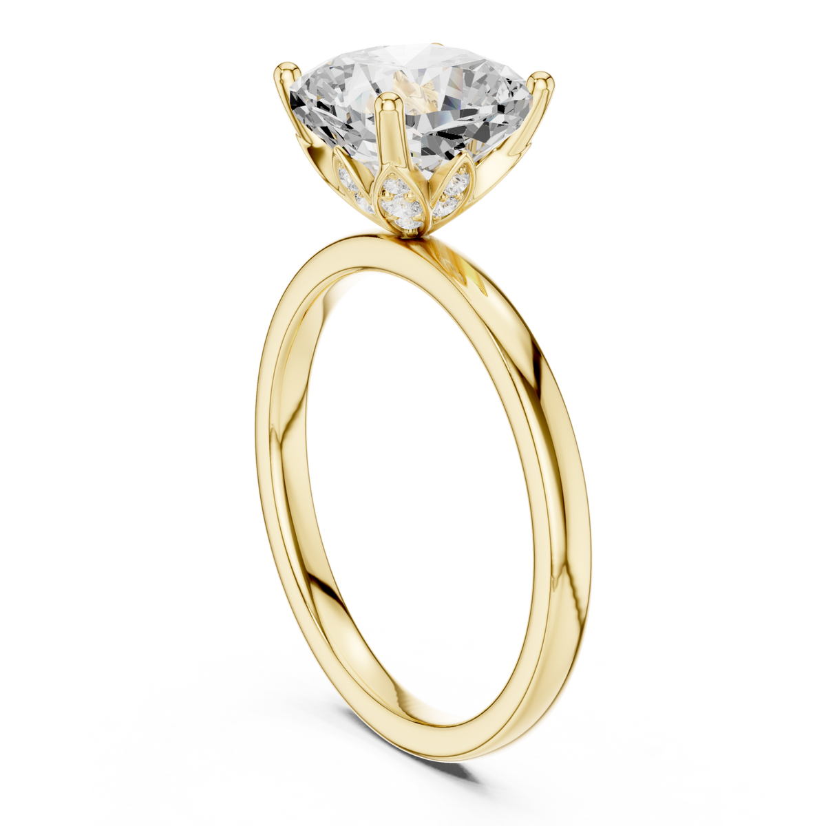 Cushion classic solitaire engagement ring yellow gold front view