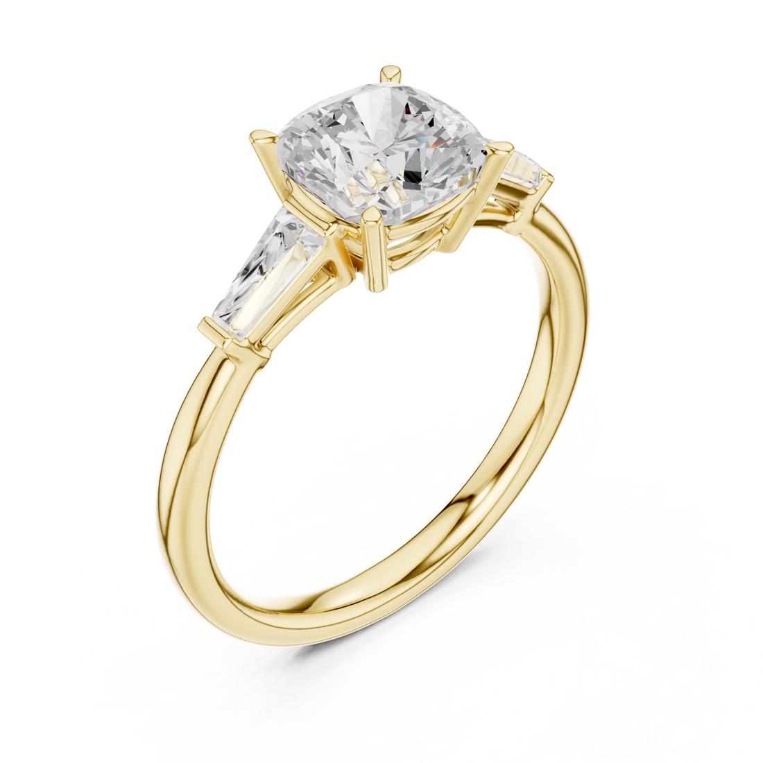 Cushion classic tapered baguette three stone engagement ring yellow gold front view