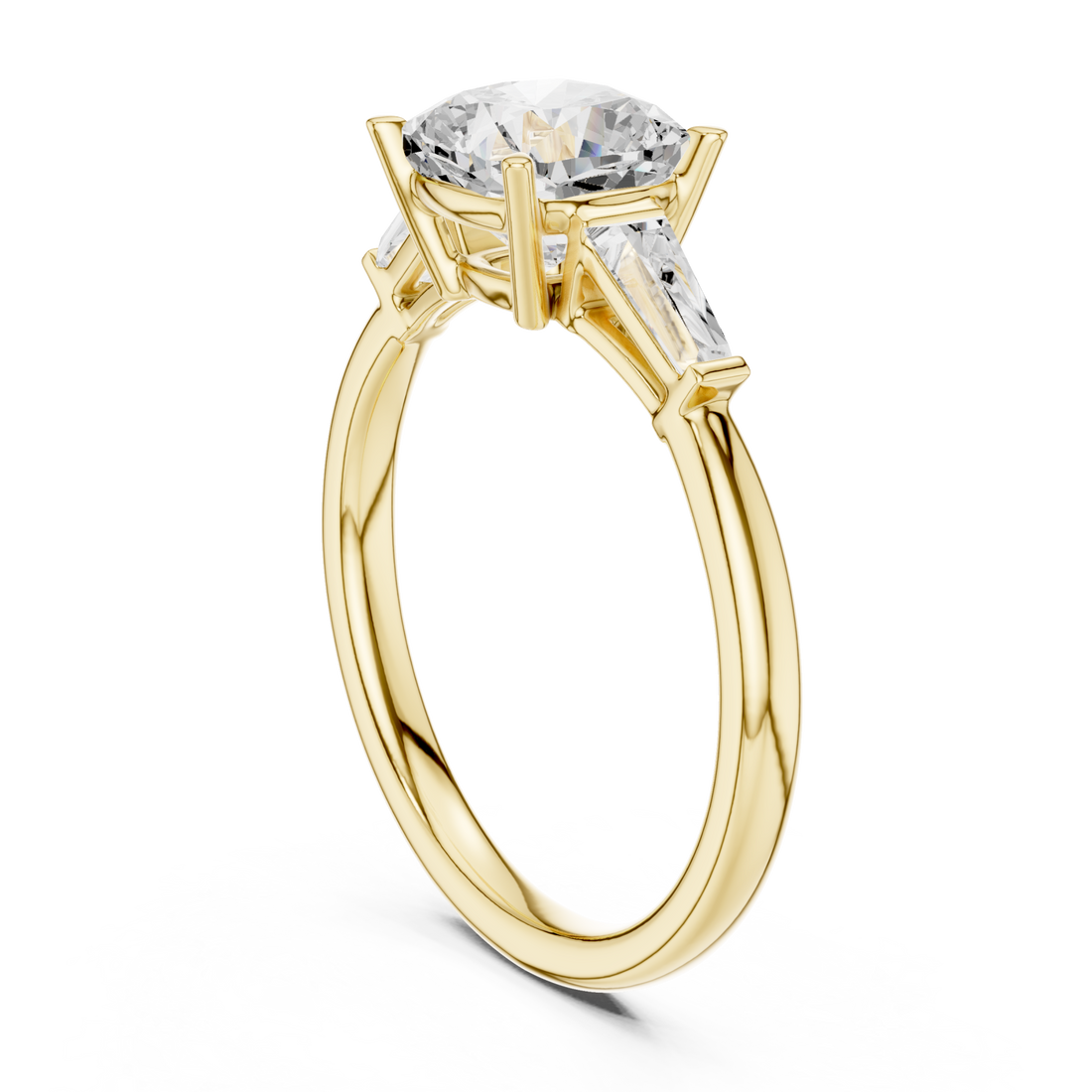 Cushion classic tapered baguette three stone engagement ring yellow gold front view