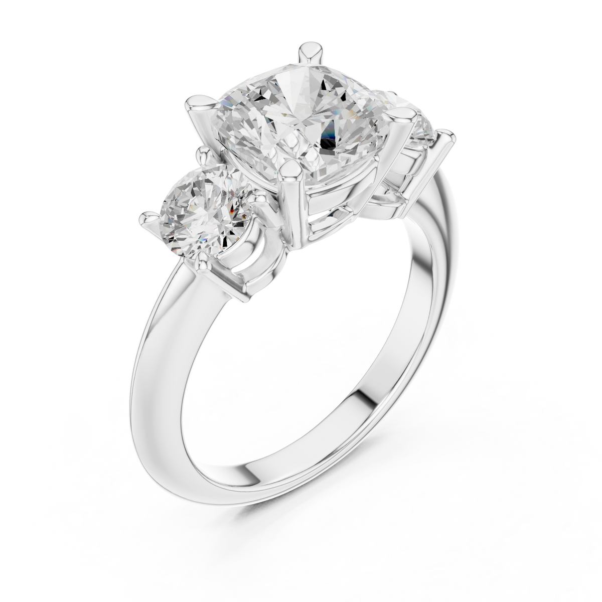 Cushion classic three stone engagement ring white gold angle view