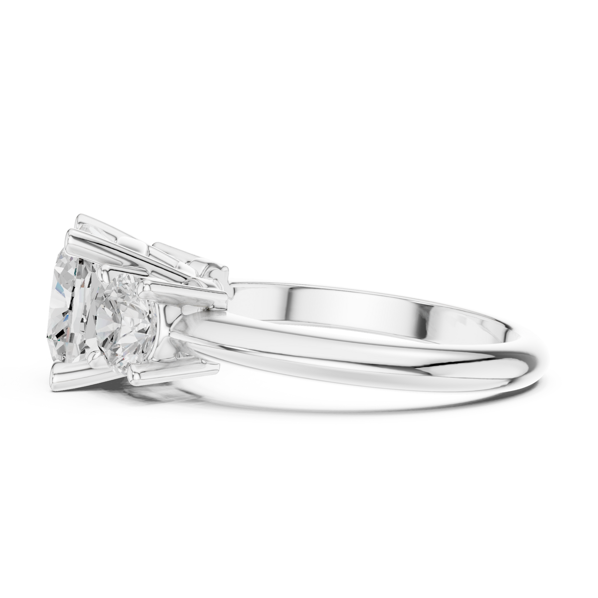 Cushion classic three stone engagement ring white gold side view