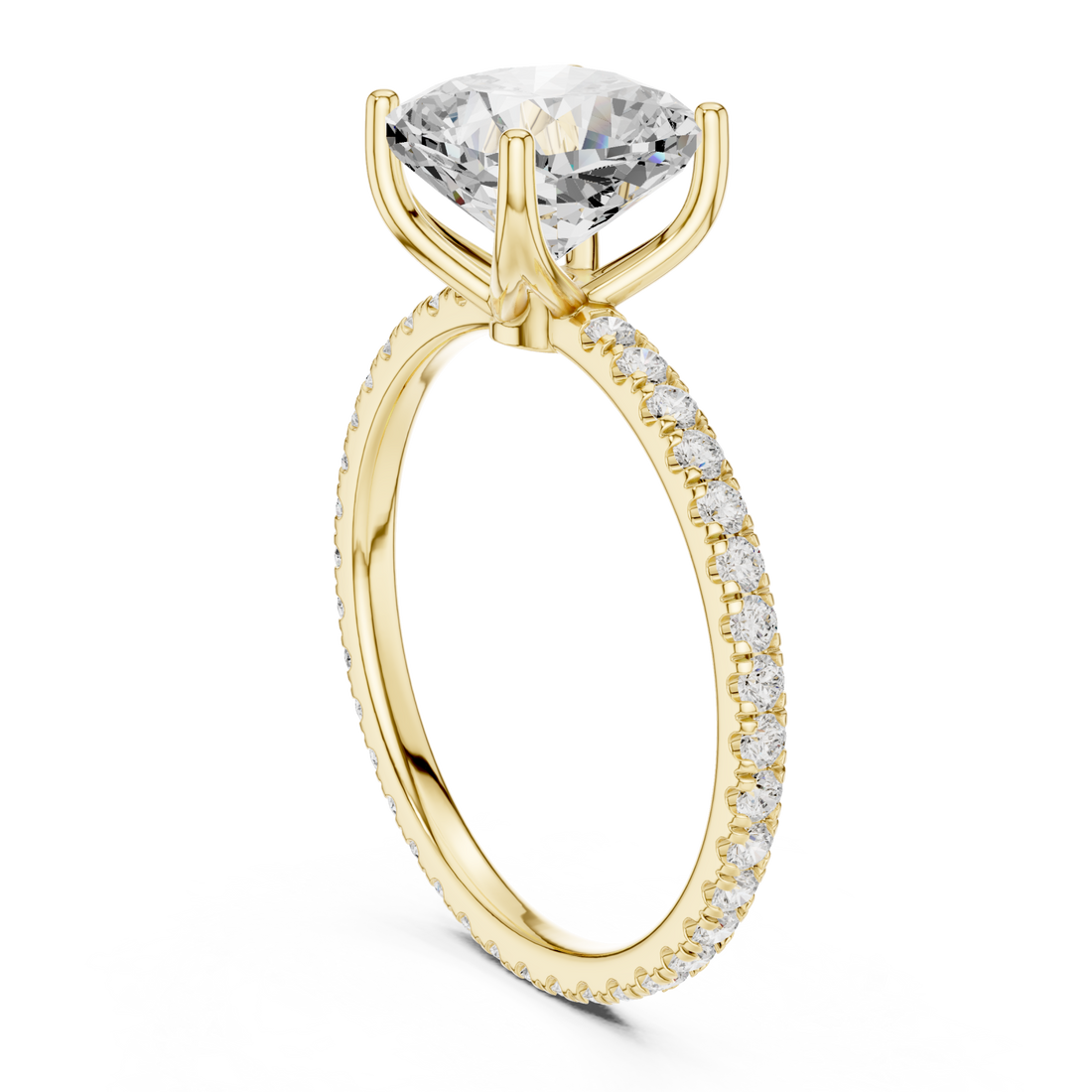 Cushion claw-prong pave engagement ring yellow gold front view