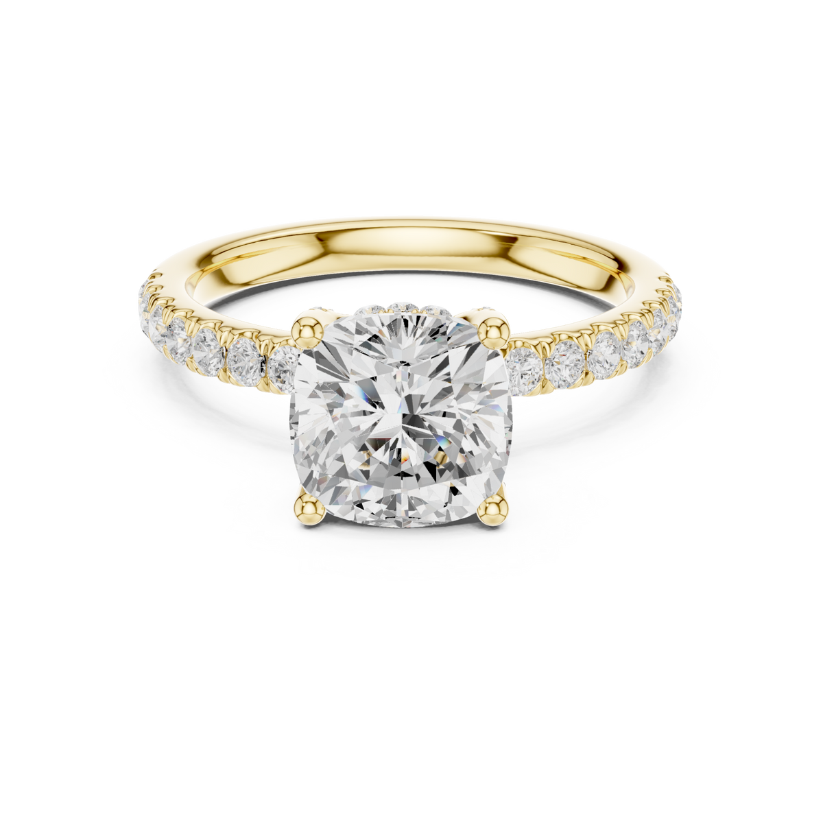 Cushion compass hidden halo pave engagement ring yellow gold detail view