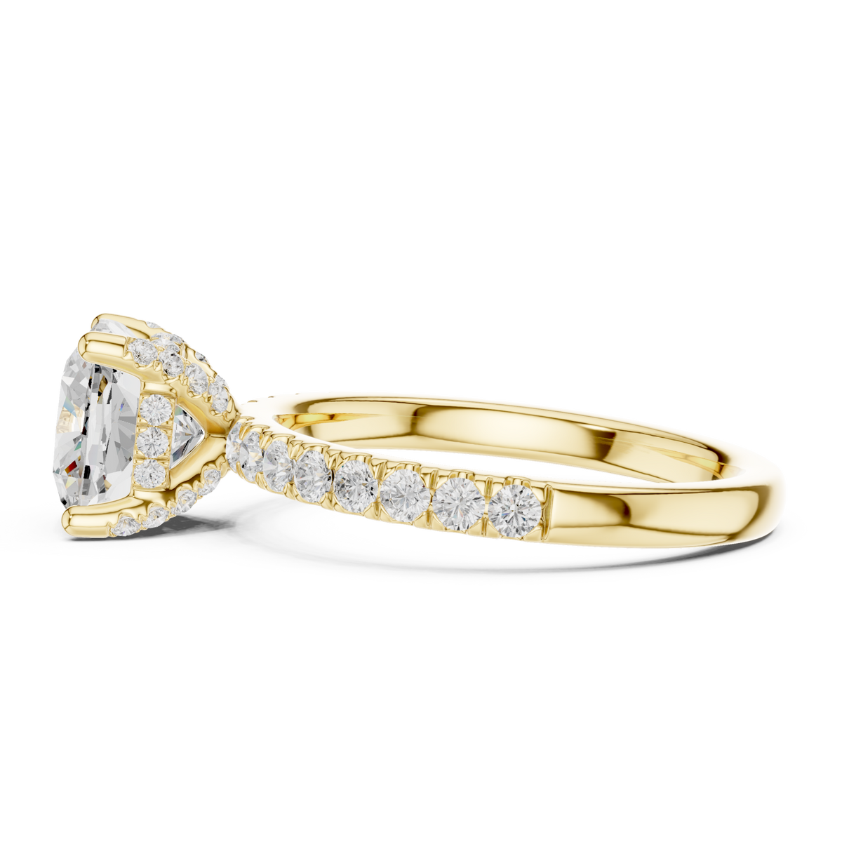 Cushion compass hidden halo pave engagement ring yellow gold side view