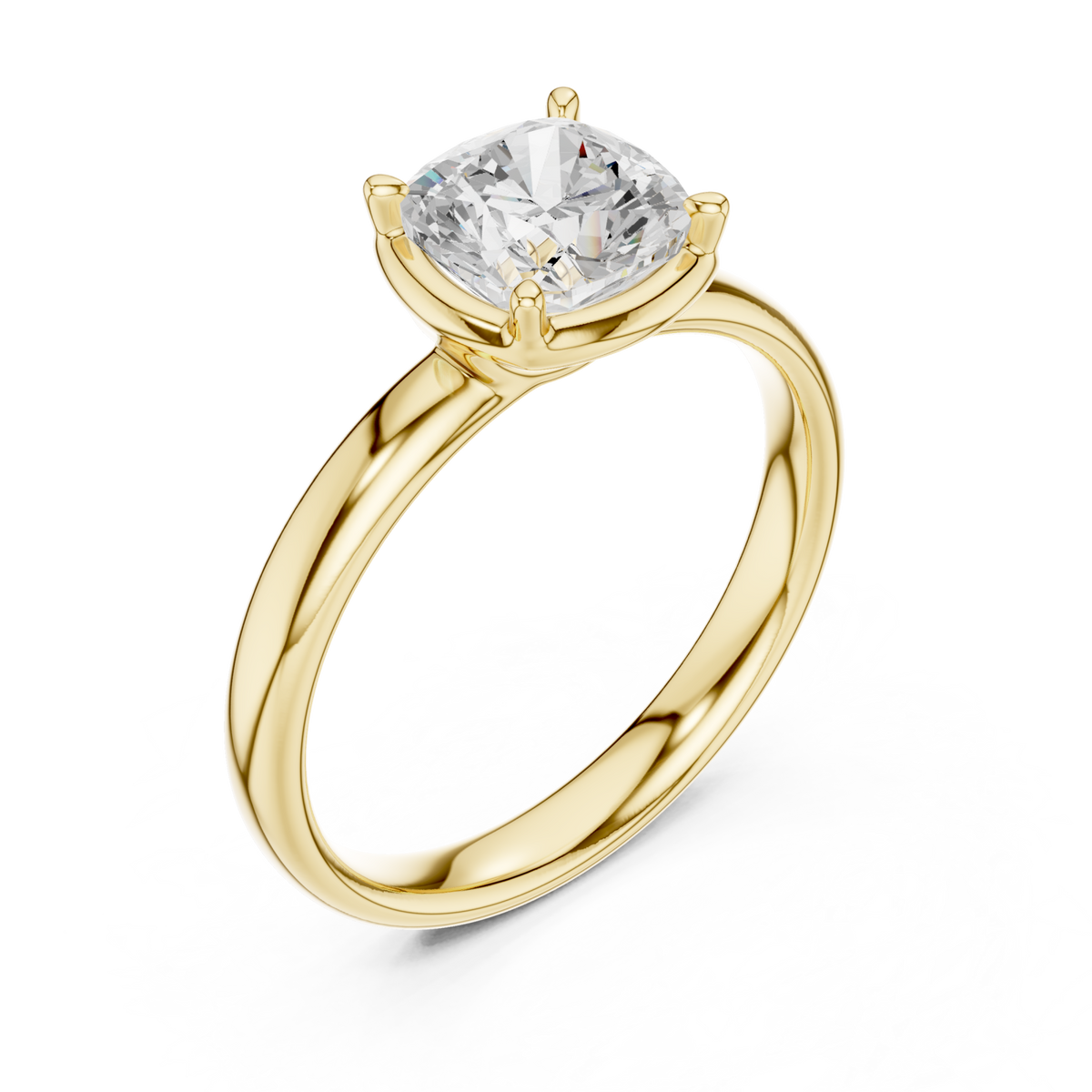 Cushion compass point solitaire engagement ring yellow gold angle view