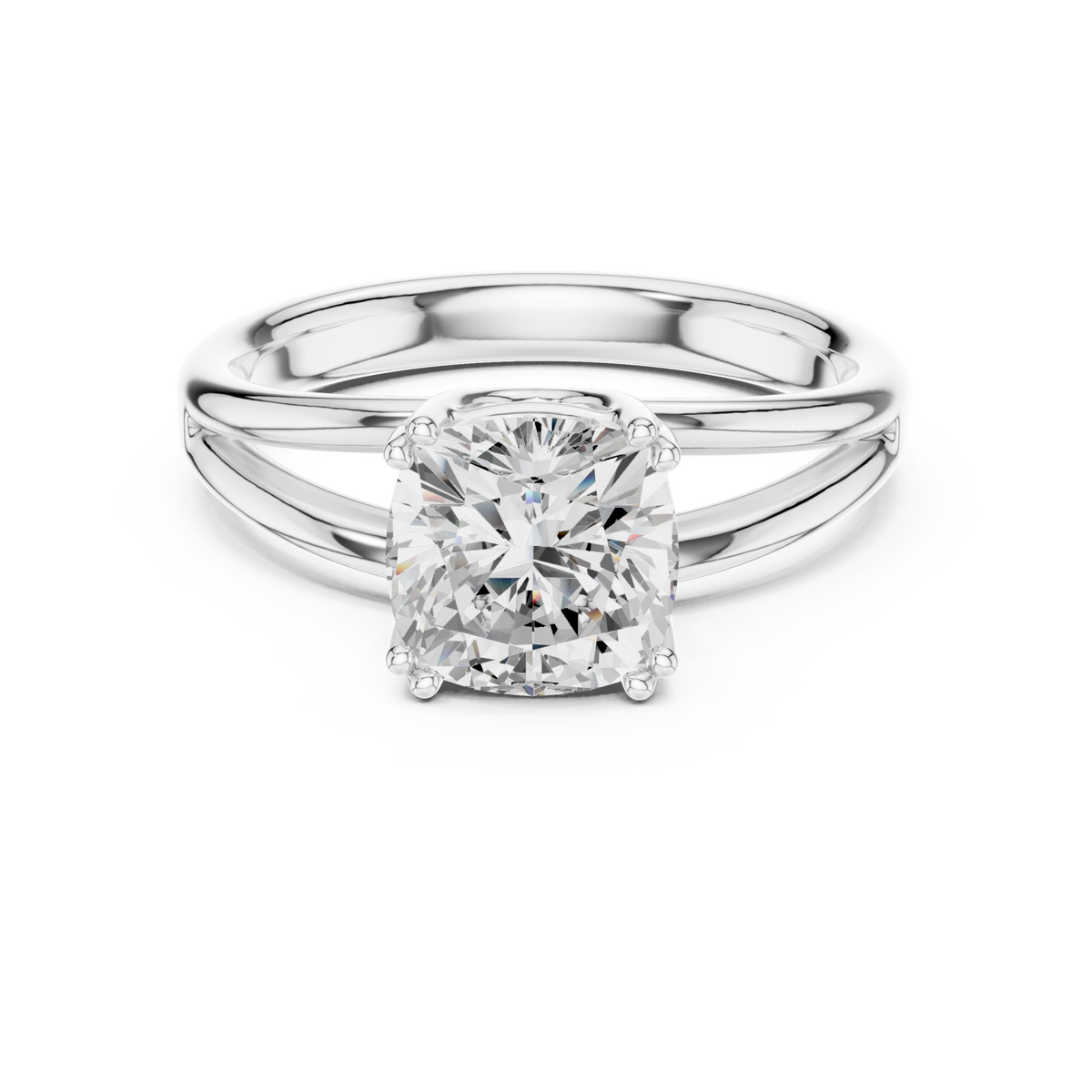 Cushion crossover split shank solitaire engagement ring white gold detail view