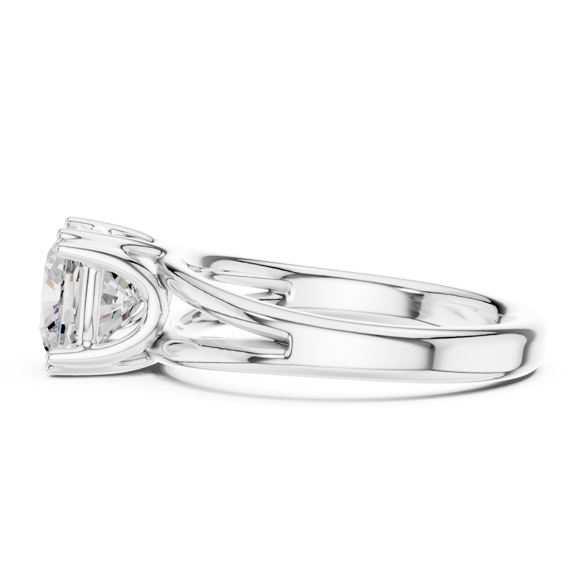 Cushion crossover split shank solitaire engagement ring white gold side view
