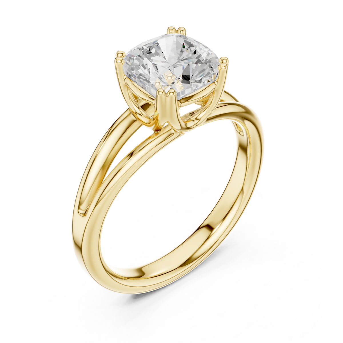 Cushion crossover split shank solitaire engagement ring yellow gold angle view