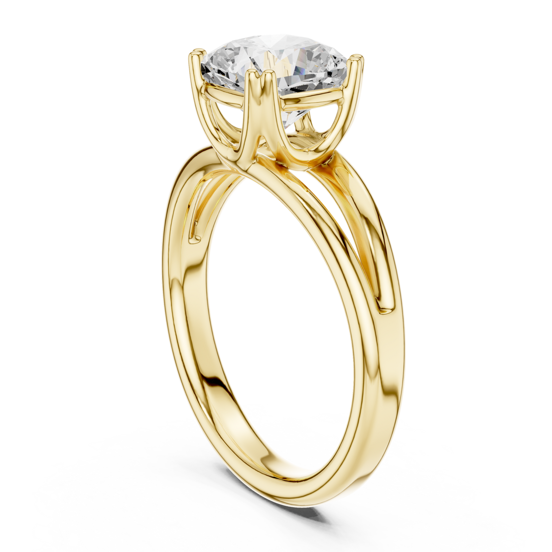 Cushion crossover split shank solitaire engagement ring yellow gold front view