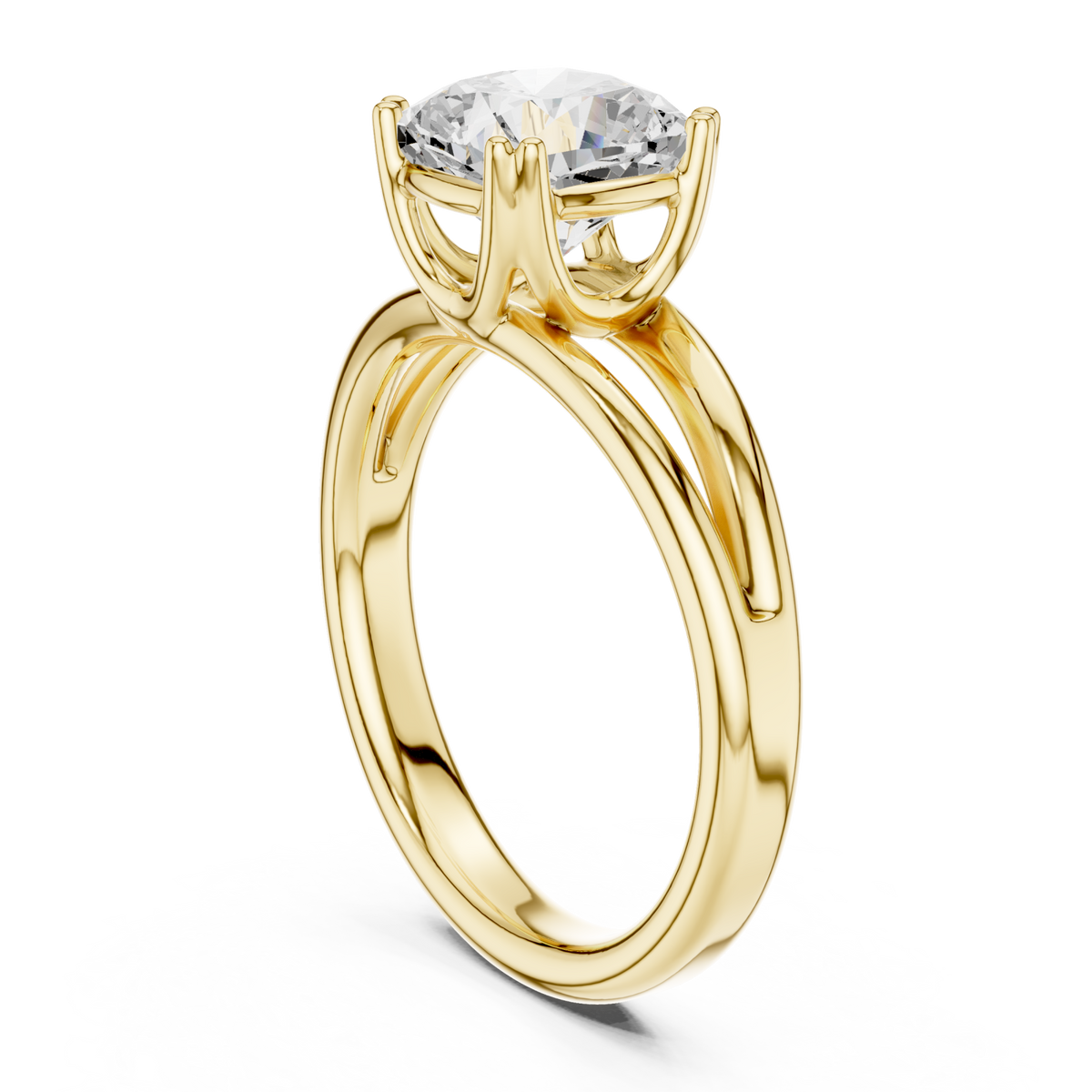 Cushion crossover split shank solitaire engagement ring yellow gold front view