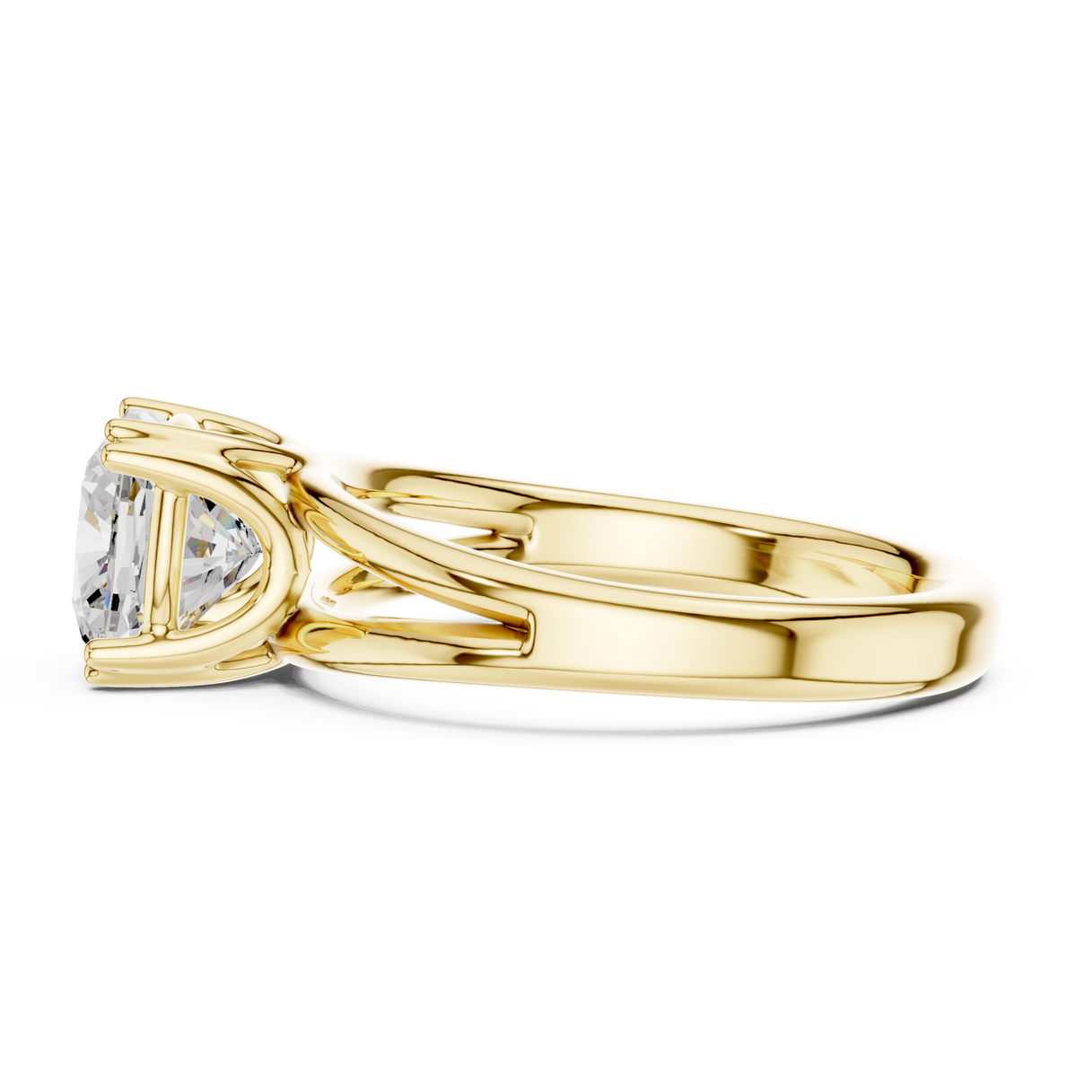 Cushion crossover split shank solitaire engagement ring yellow gold side view