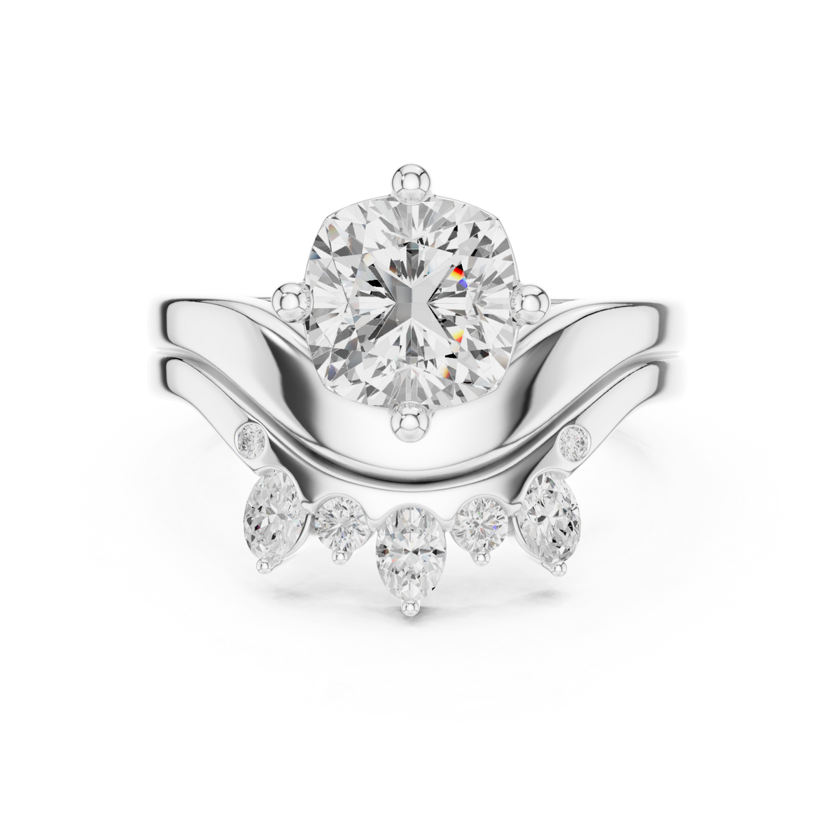 Cushion cut diamond solitaire scatter band bridal set white gold detail view