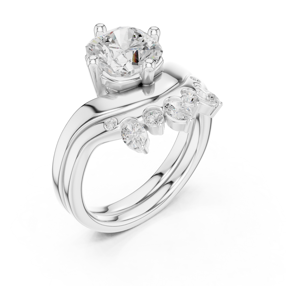 Cushion cut diamond solitaire scatter band bridal set white gold front view