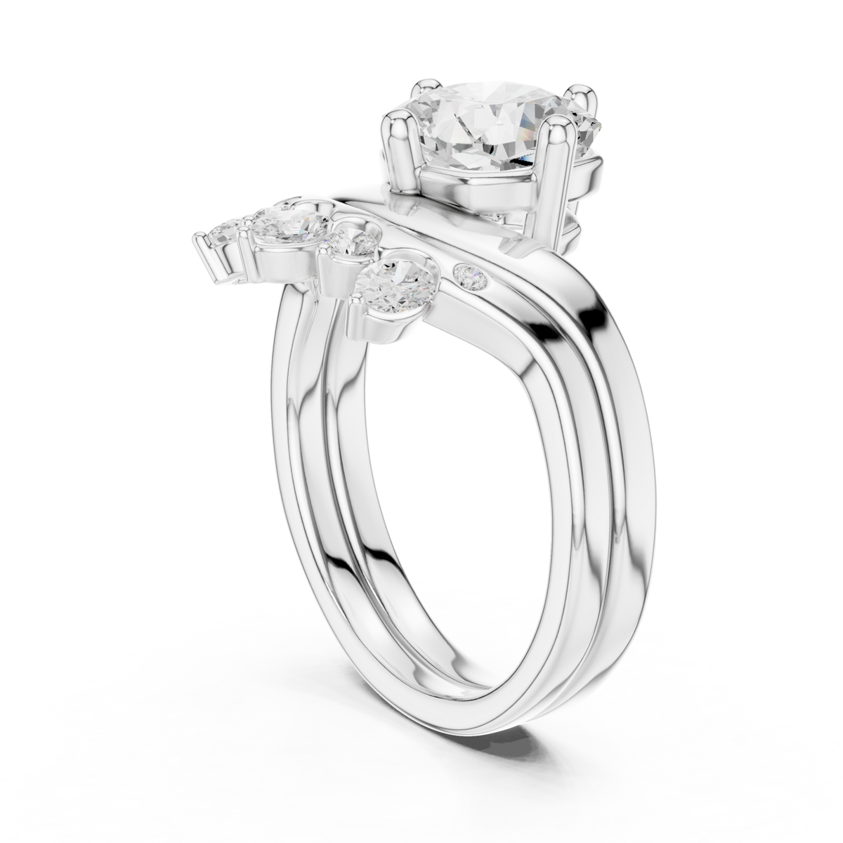 Cushion cut diamond solitaire scatter band bridal set white gold side view