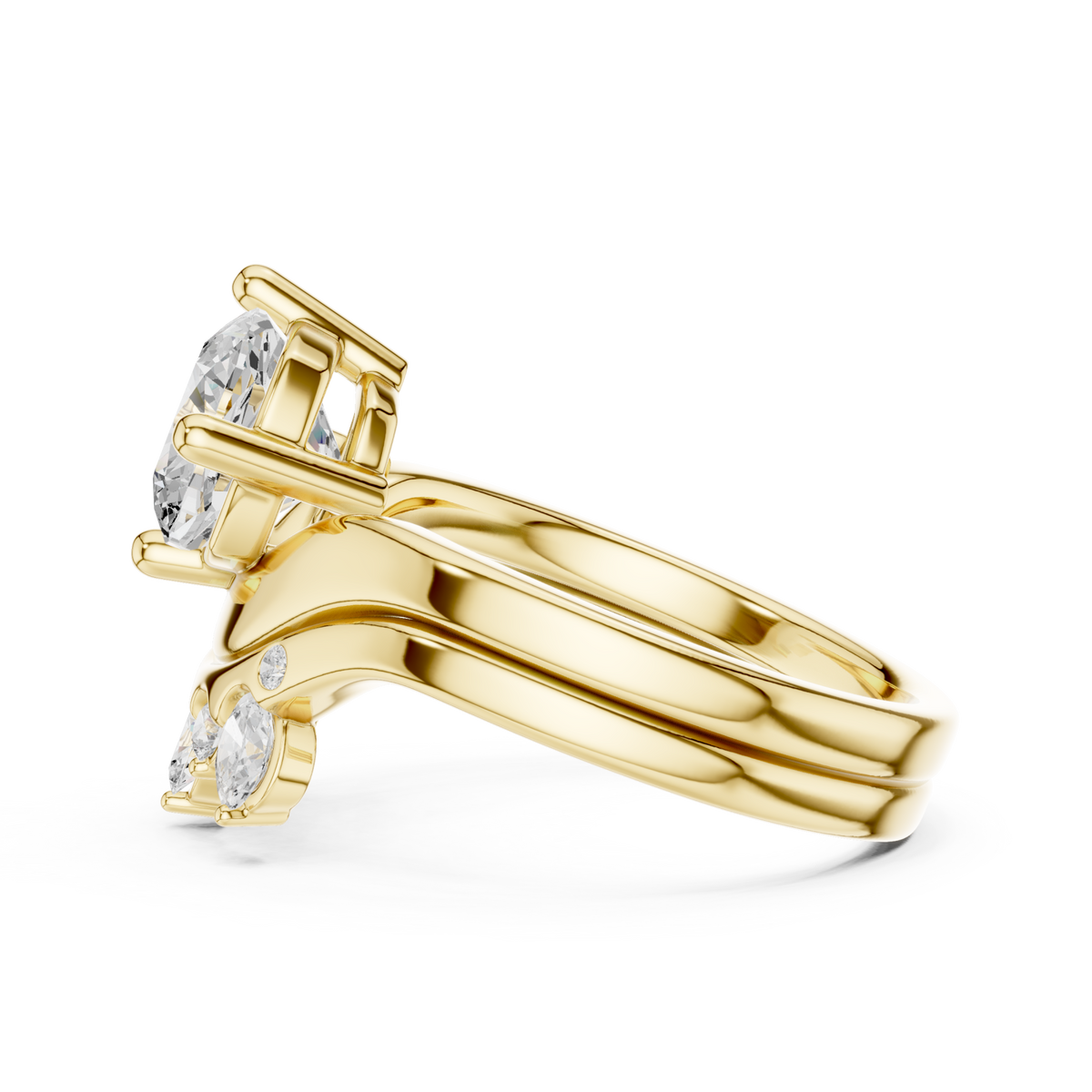 Cushion cut diamond solitaire scatter band bridal set yellow gold angle view
