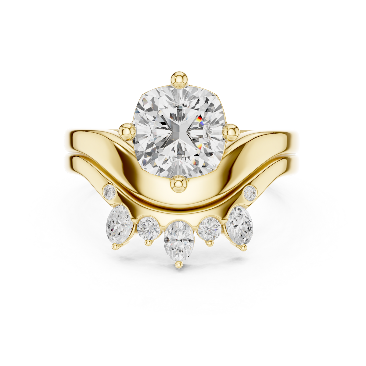 Cushion cut diamond solitaire scatter band bridal set yellow gold detail view