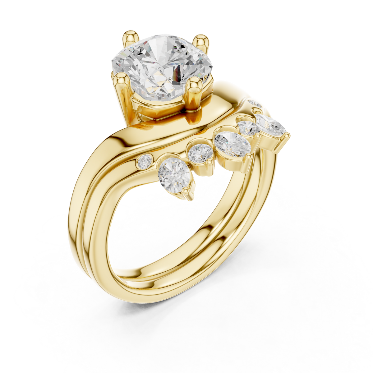 Cushion cut diamond solitaire scatter band bridal set yellow gold front view