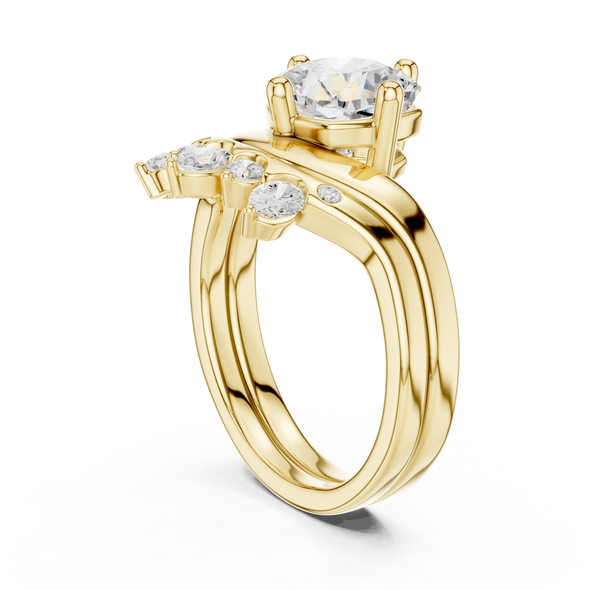 Cushion cut diamond solitaire scatter band bridal set yellow gold side view