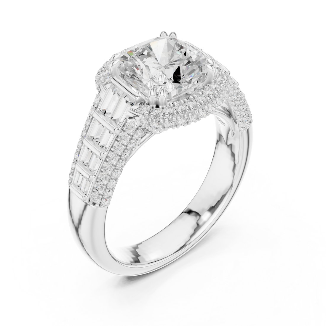Cushion deco baguette halo engagement ring white gold front view