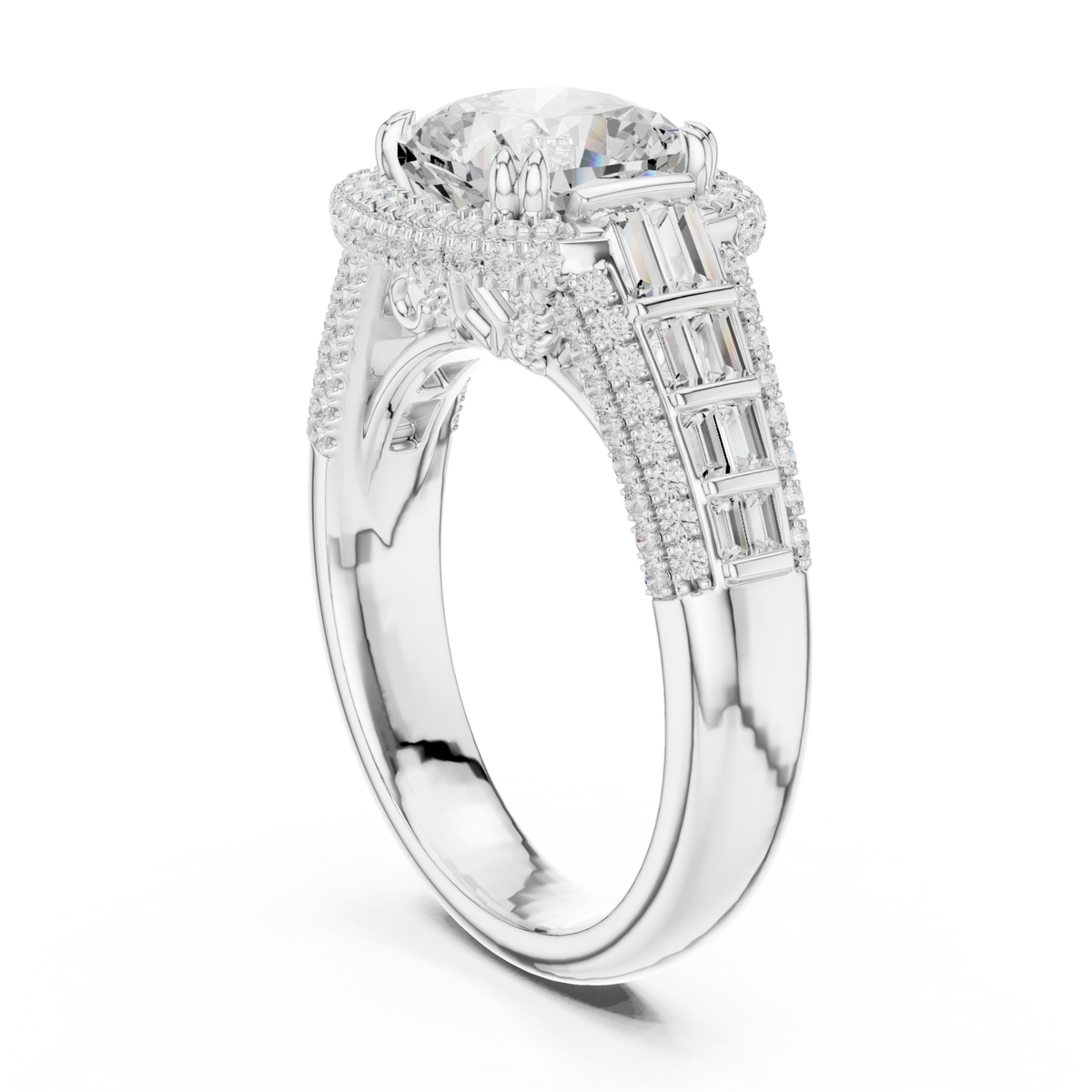 Cushion deco baguette halo engagement ring white gold front view