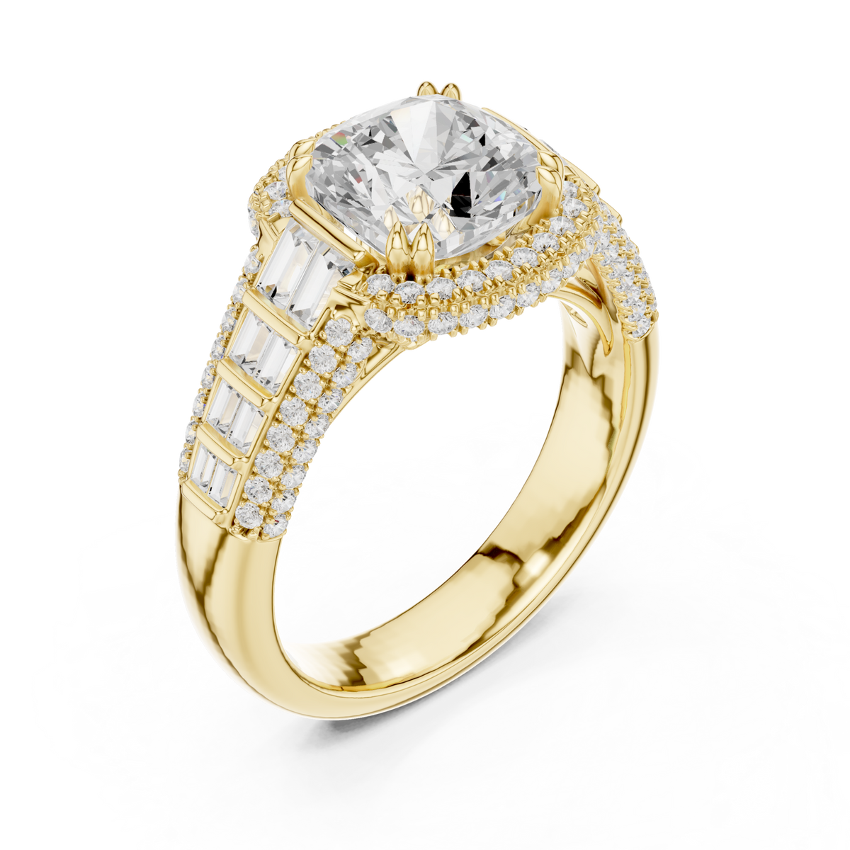 Cushion deco baguette halo engagement ring yellow gold angle view