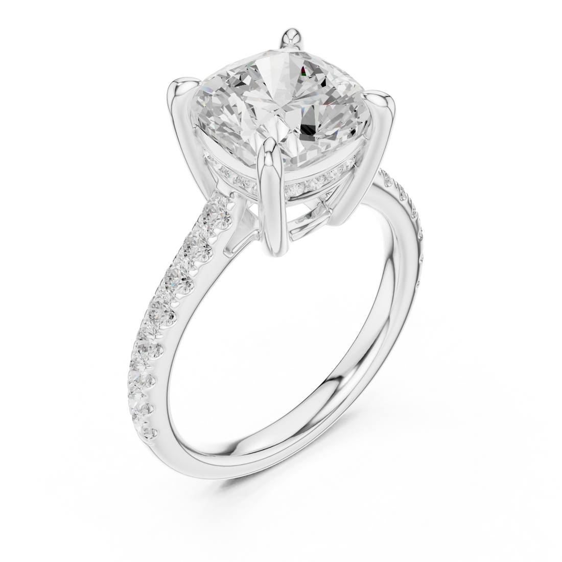 Cushion double-prong pave engagement ring white gold front view