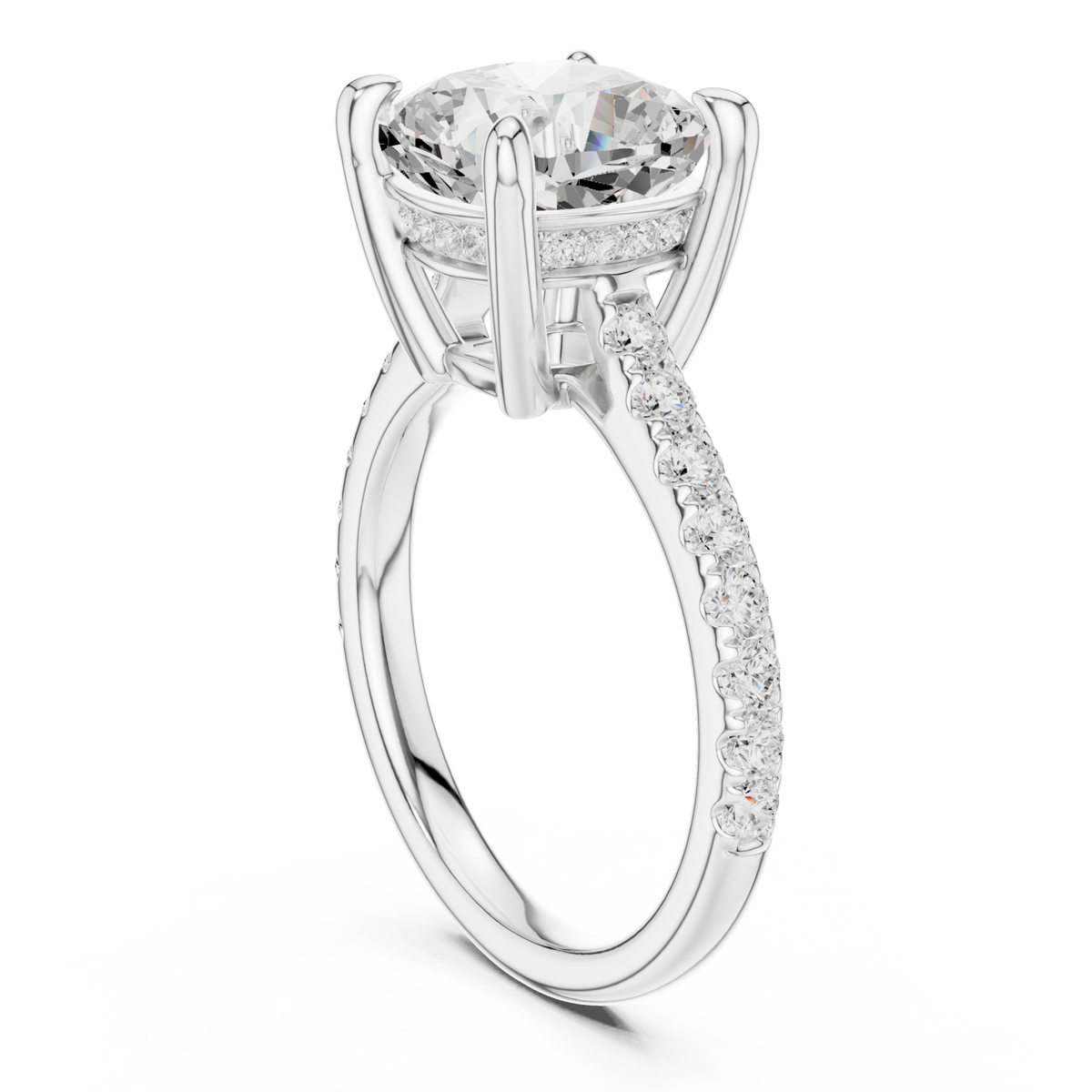 Cushion double-prong pave engagement ring white gold front view