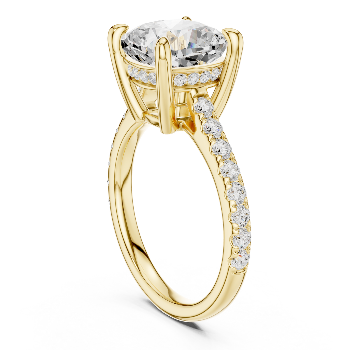 Cushion double-prong pave engagement ring yellow gold front view