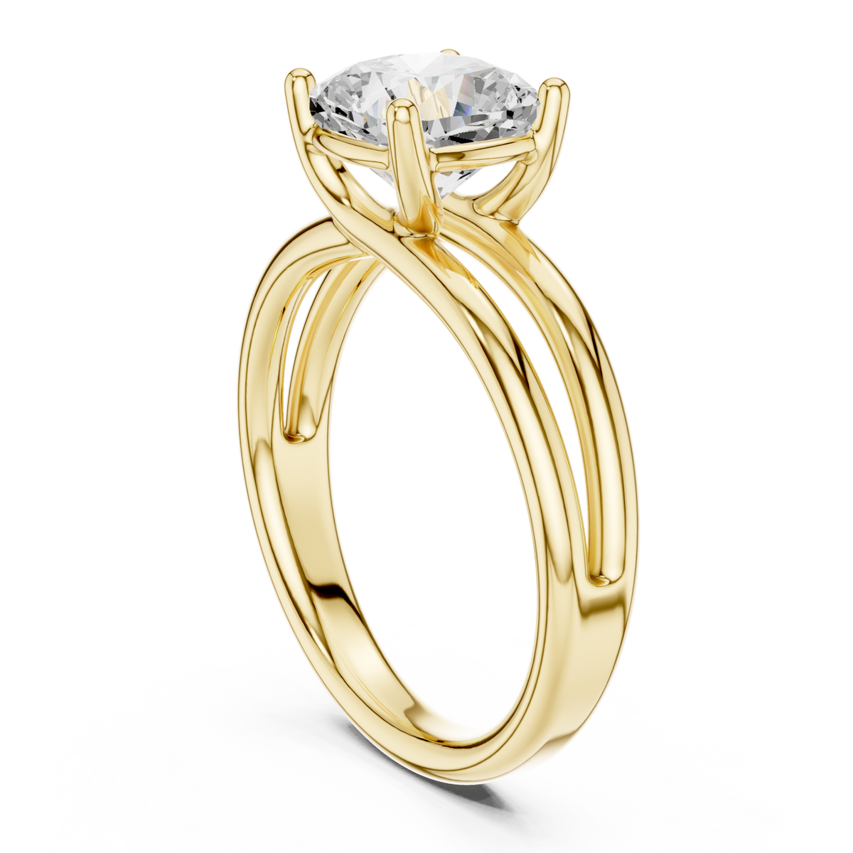 Cushion double band solitaire engagement ring yellow gold front view