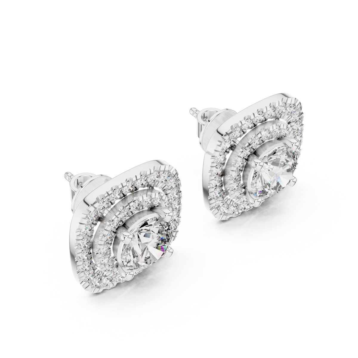  White Gold Cushion Double Halo Studs Angle View
