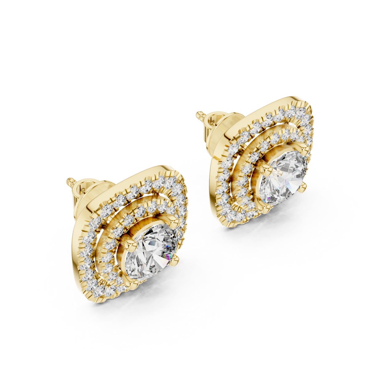  Gold Cushion Double Halo Studs Angle View