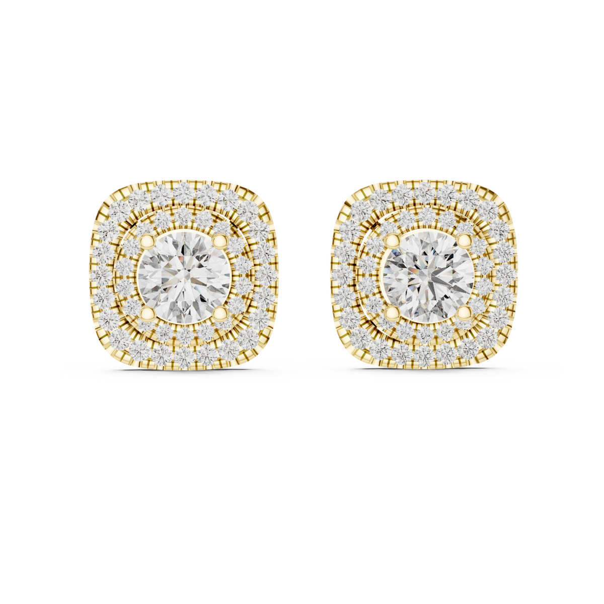  Gold Cushion Double Halo Studs Detail View